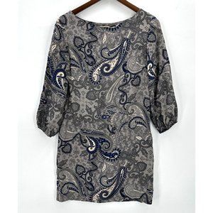 Amour Vert Dress Womens Shift 3/4 Sleeve Paisley Silk Round Neck Gray S